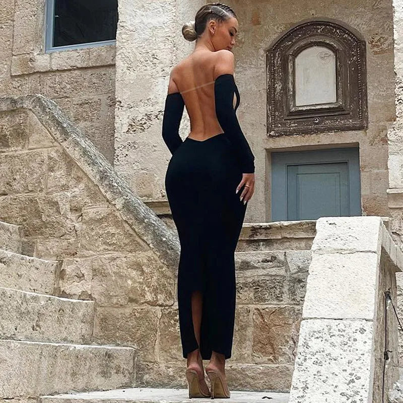 שמלת מקסי צמודה בד מחטב גב פתוח - אוורה