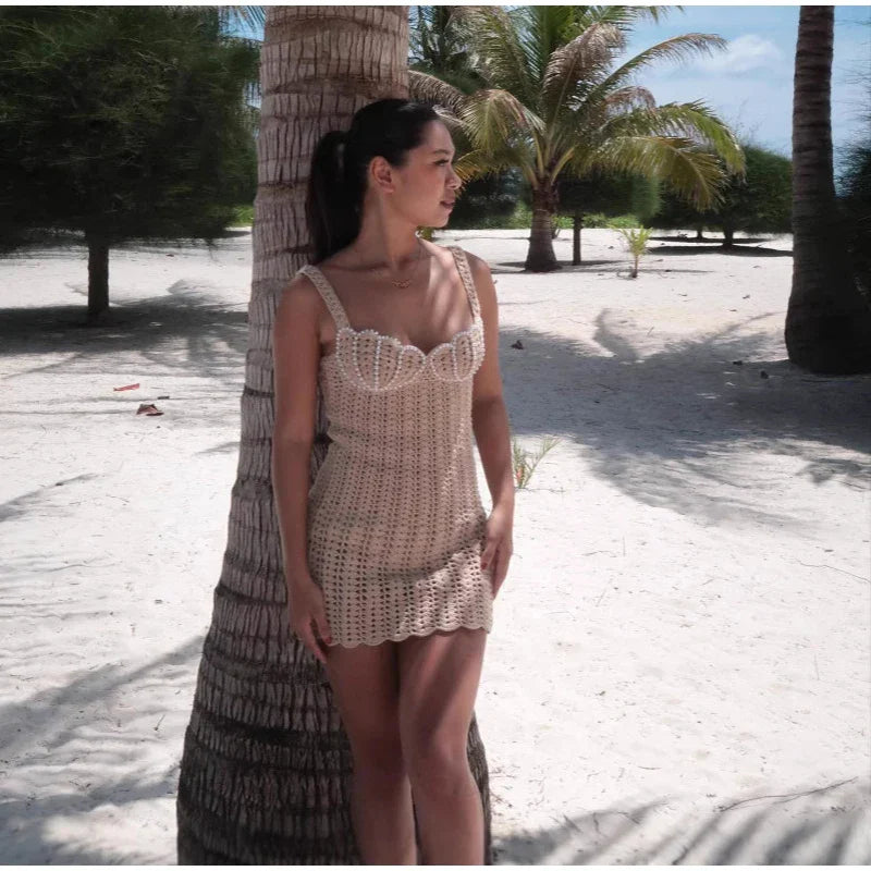 שמלת מיני רשת סרוגה בעיטור פנינים - Aliana