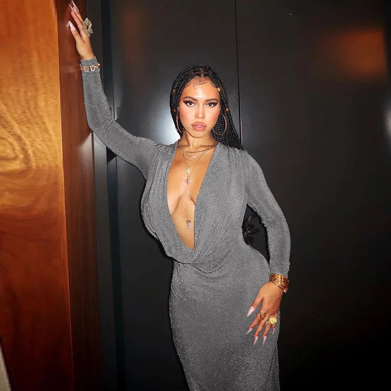 שמלת ערב מקסי נצנצים מחשוף עמוק - לאורה