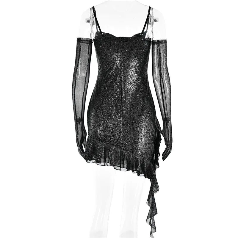 שמלת מיני נצנצים בעיצוב מלמלה בעיטור כפפות תואמות - ברוק