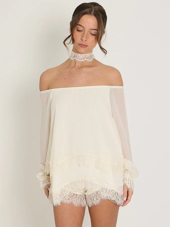 Off-the-shoulder mini dress with lace trim and matching shorts - Mali