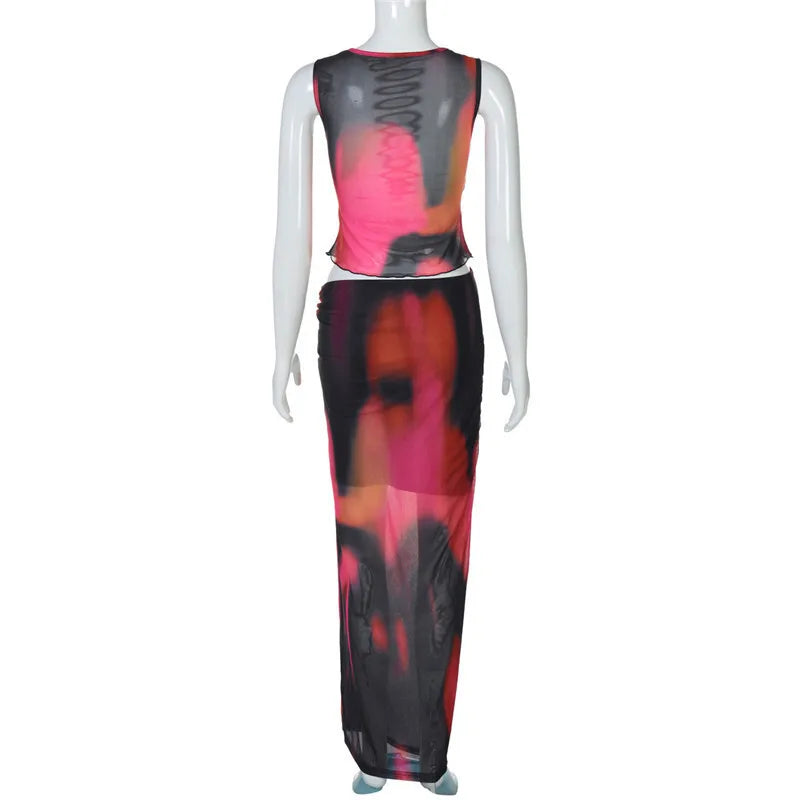 Two-piece set of mesh fabric with tie-dye design, top and maxi skirt with slit decoration - Florence