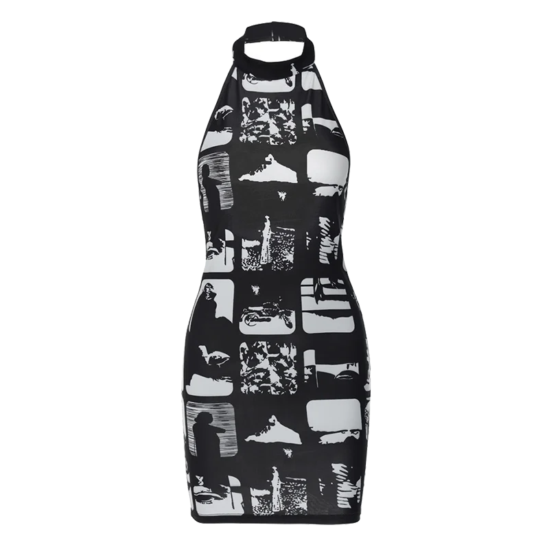 שמלת מיני קולר בעיצוב הדפס מונוכרום - Tessa