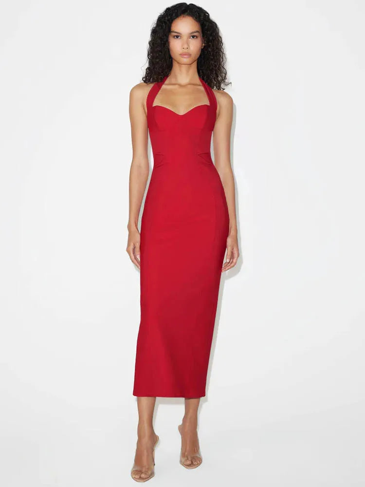 שמלת מקסי צמודה גב פתוח בד מחטב - רונית