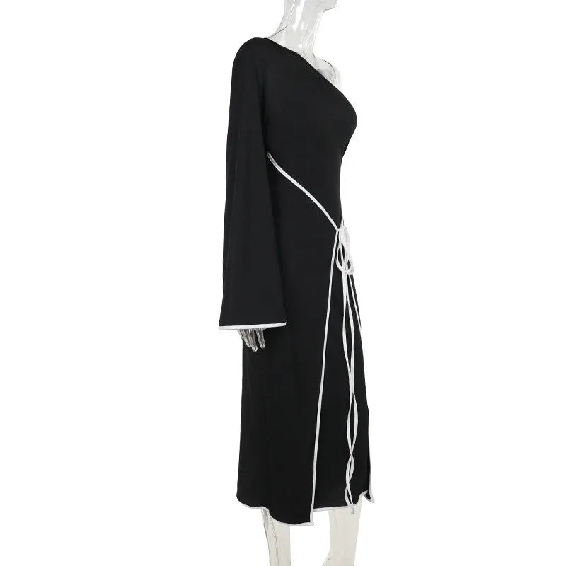 שמלת מידי סרוגה שרוול אחד בעיטור קשירת מעטפת - תהילה