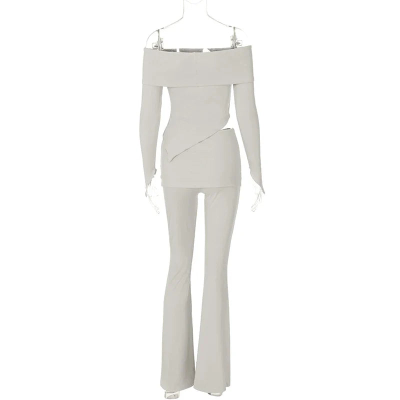 חליפת שני חלקים סרוגה חולצת כתפיים חשופות בגזרה אסימטרית ומכנסיים ארוכים - ROZIE