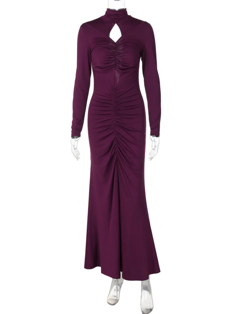 שמלת מקסי צווארון גולף צנועה בעיצוב כיווצים ומלמלה - מלכה