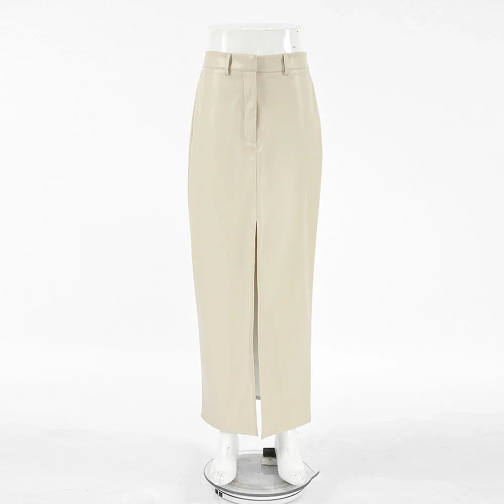 חצאית מקסי דמוי עור בעיצוב שסע - MAGEN