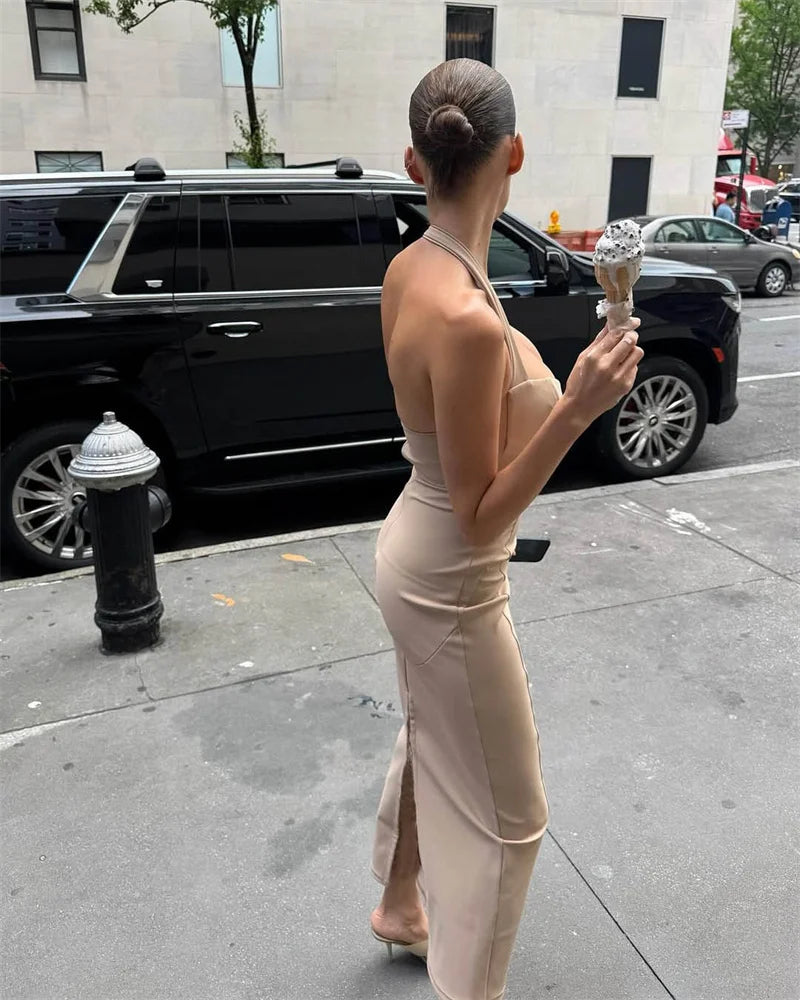 שמלת מקסי צמודה גב פתוח בד מחטב - רונית