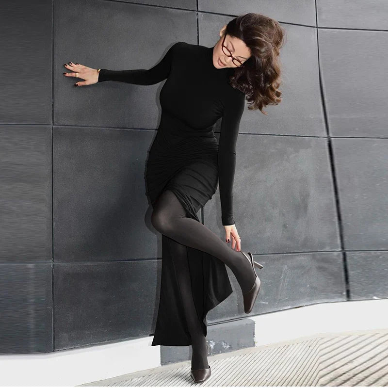 שמלת מקסי כיווצים צווארון גולף בעיטור שסע - Brianna