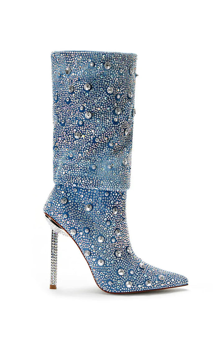 Denim pointed-toe boots with glittering rhinestones - Isabelle