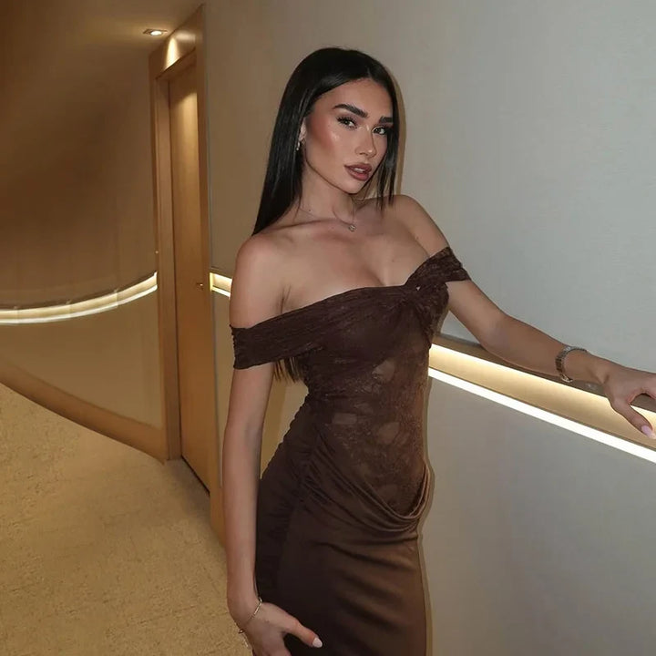 Off-the-shoulder maxi dress with lace design - LINI