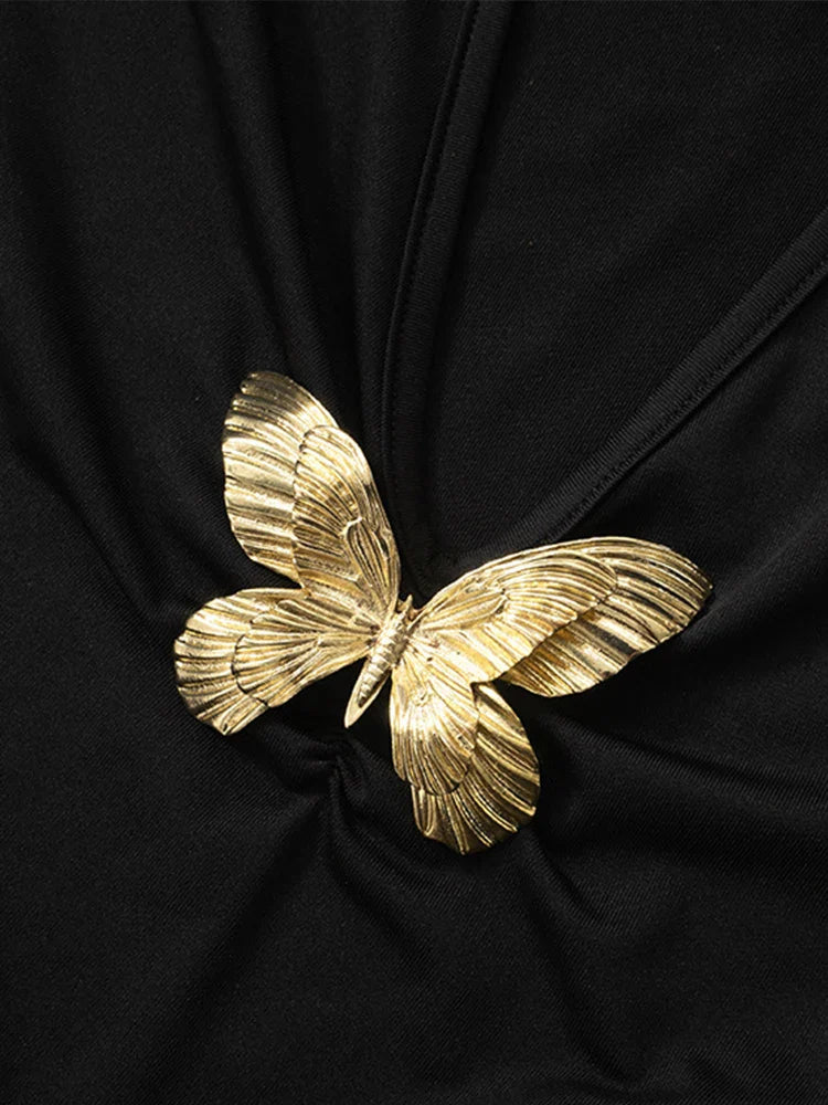 שמלת מקסי מחשוף V עמוק בעיטור פרפר זהב - מריפוסה