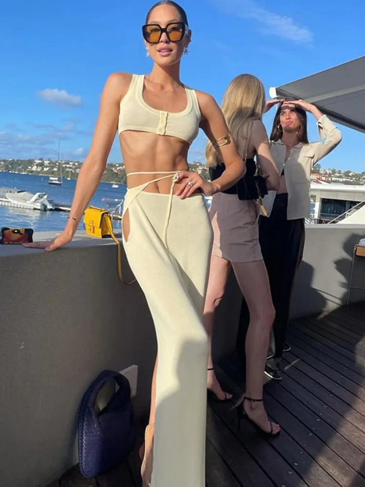 סט שני חלקים סרוג טופ וחצאית מקסי - אלא