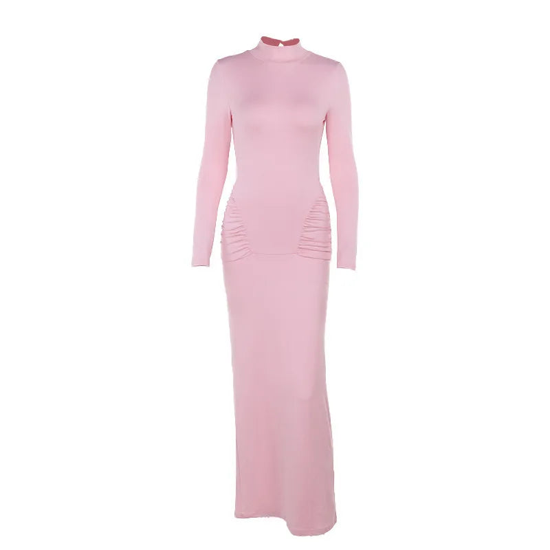 שמלת מקסי גולף בעיטור כיווצים - ורדית