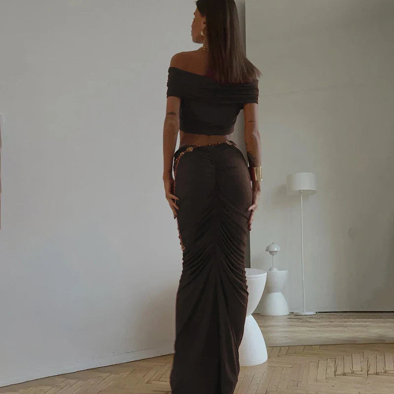 סט בעיצוב כיווצים חצאית מקסי וטופ כתפיים חשופות - מאור