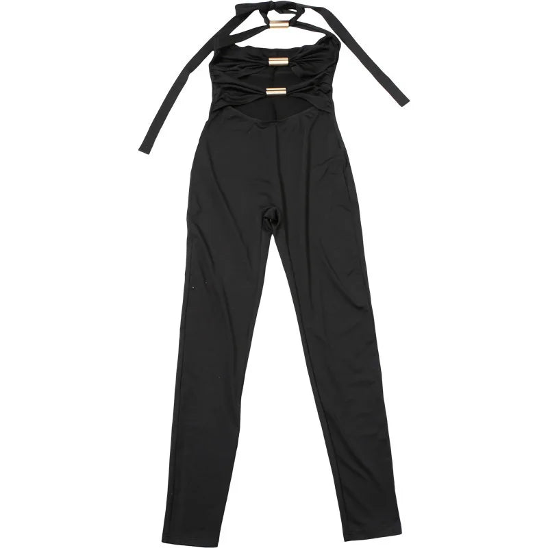 אוברול צמוד בד מחטב בעיצוב פתחים בעיטור אבזמים קשירה בצוואר - Sage