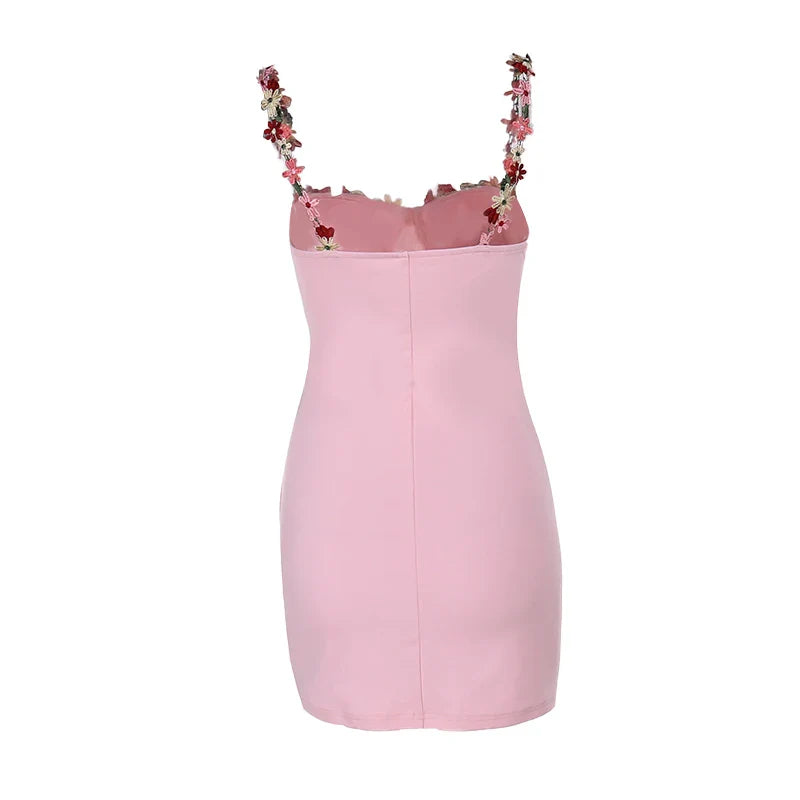 שמלת מיני בעיטור רקמת וכתפיות פרחים בעיטור חוט קשירה סאטן - ליליה