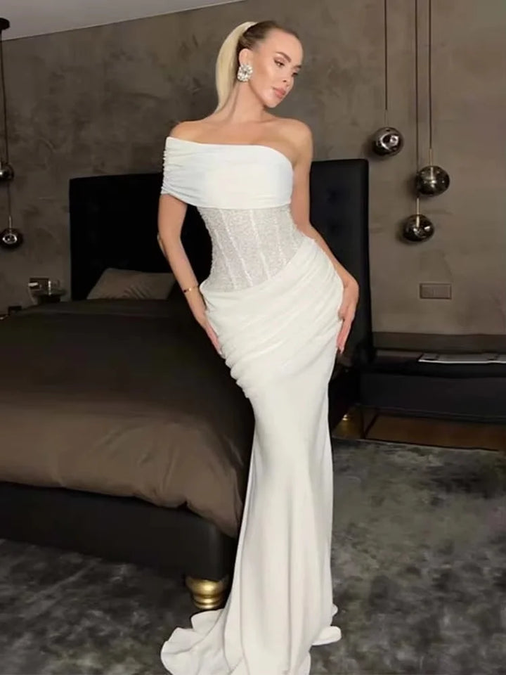 One-shoulder maxi dress with pleats and sequins - USA