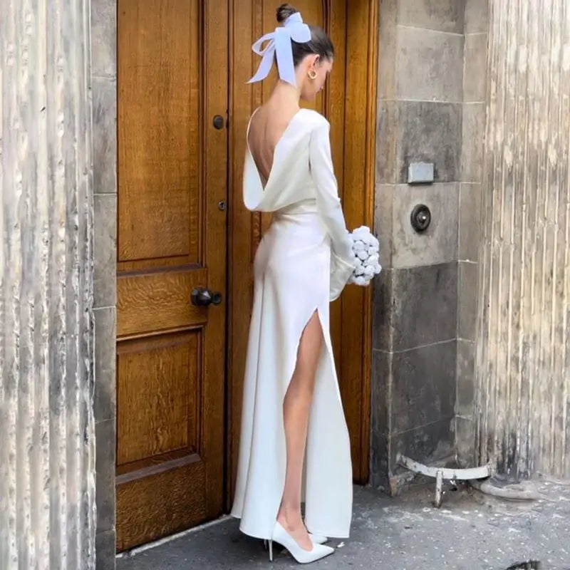 שמלת ערב מקסי סאטן גב פתוח בשילוב שסע ושרוולי פעמון  - מריאן