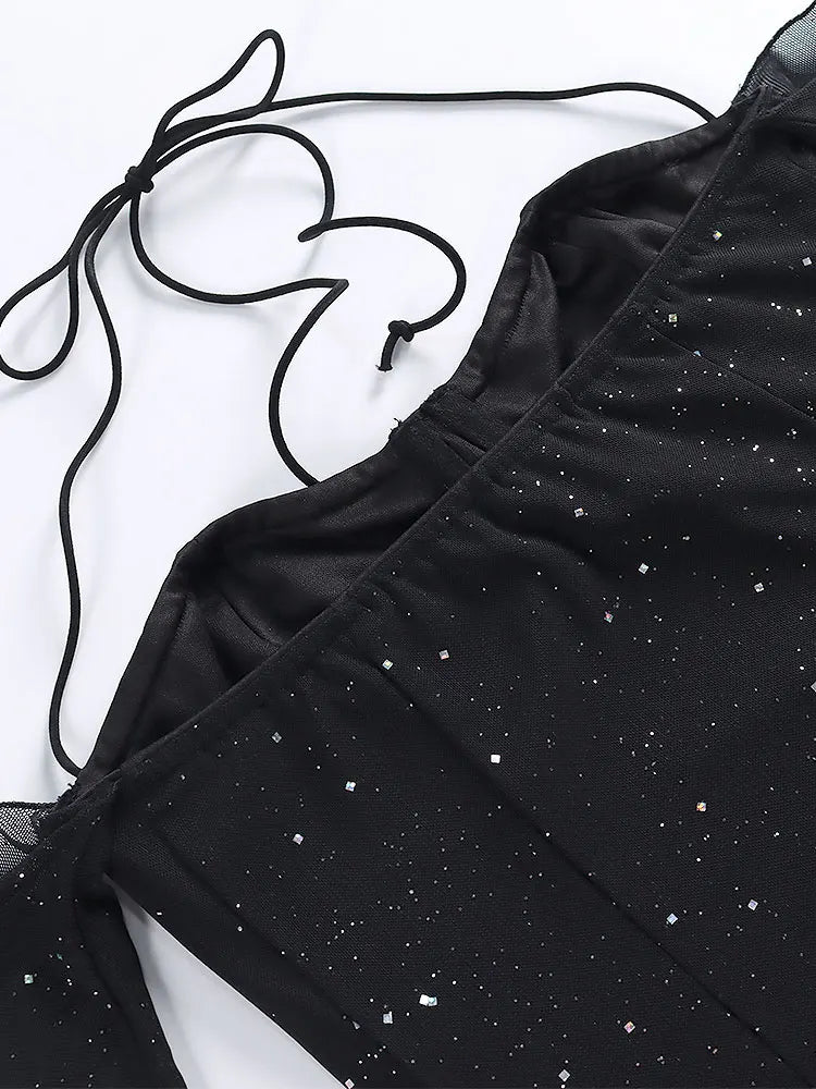 שמלת מיני נצנצים בעיצוב כתפיים חשופות ושרוולי רשת - Barbara