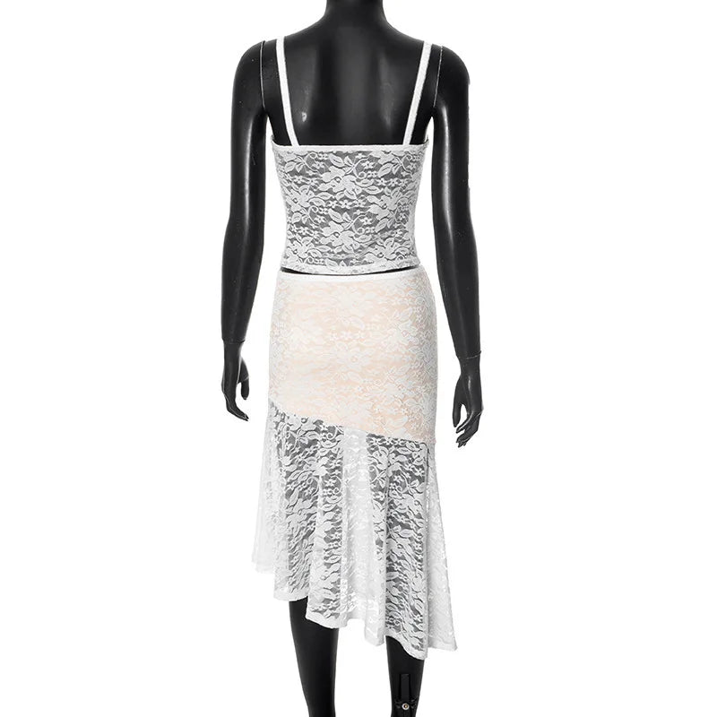 סט תחרה שני חלקים טופ גופיה וחצאית מידי - משי