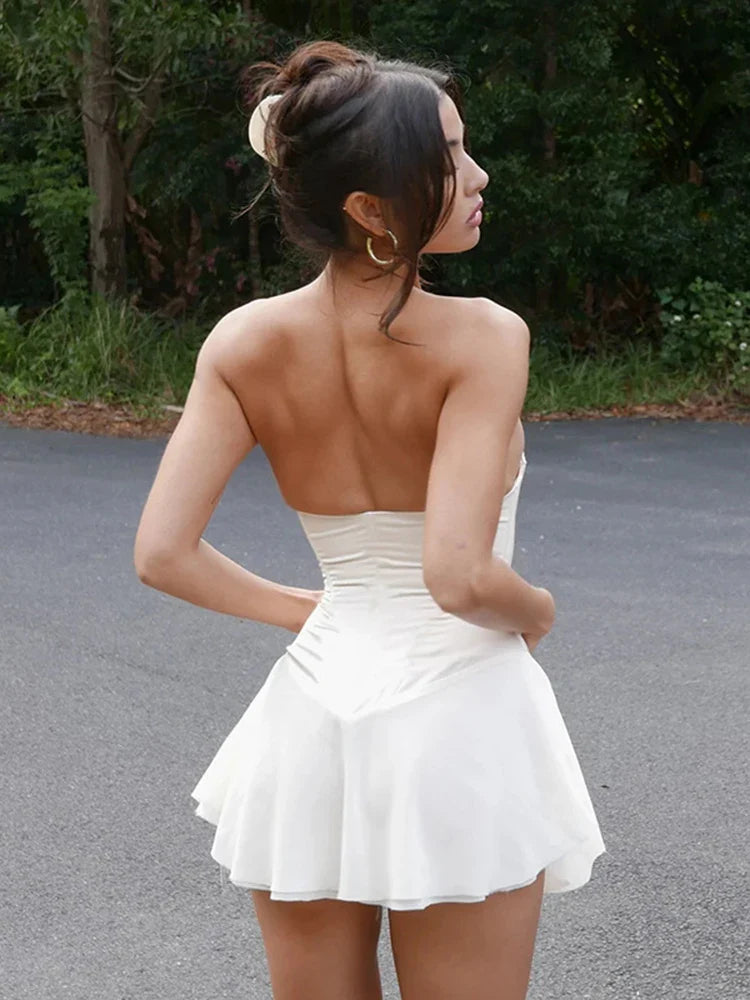 שמלת מיני סטרפלס סאטן קשירות - פרן