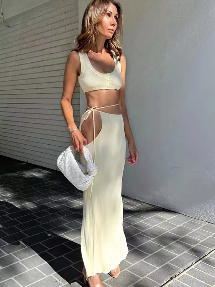 סט שני חלקים סרוג טופ וחצאית מקסי - אלא