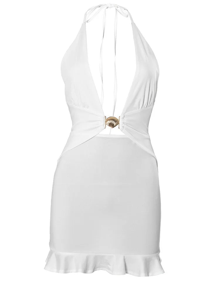 שמלת מיני קשירה בצוואר מחשוף V עמוק בעיטור אבזם צדפת זהב - אסטרז'ה