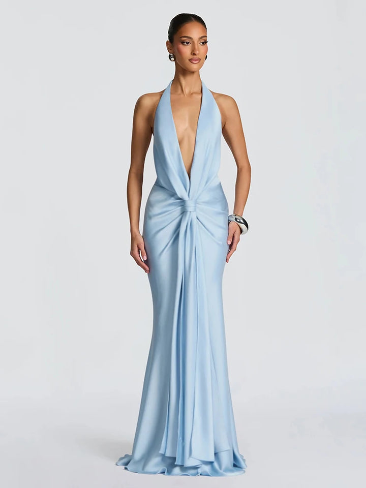 V-neck satin maxi dress with pleated design and open back - Shannon