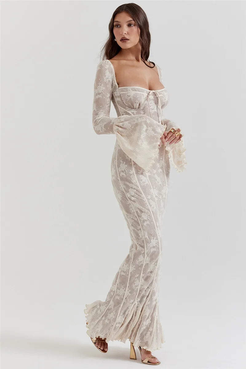 שמלת מקסי תחרה שרוולי פעמון - מנואלה