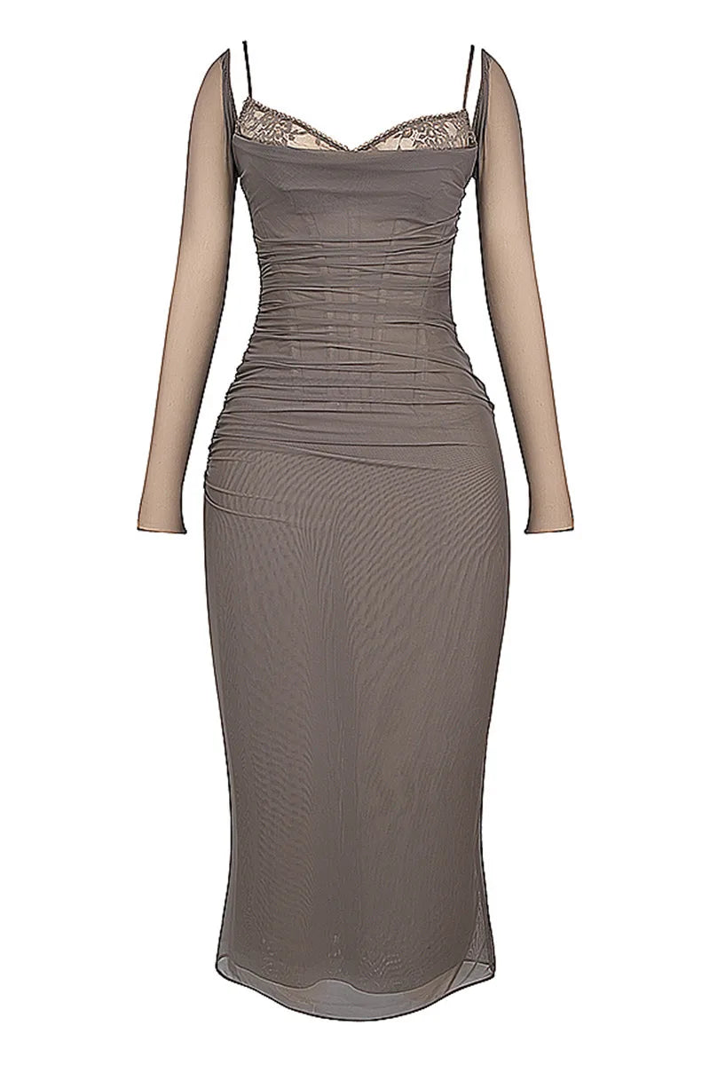 שמלת מקסי שיפון בגזרת מחוך בעיטור תחרה - סקרלט