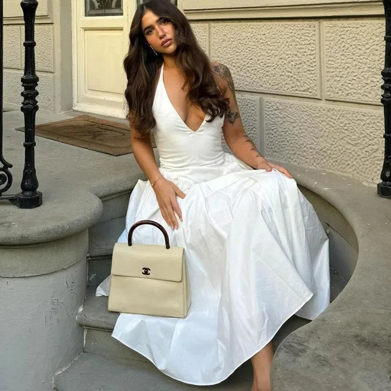 שמלת מידי בגזרת A קשירה בצוואר גב פתוח - Makenna