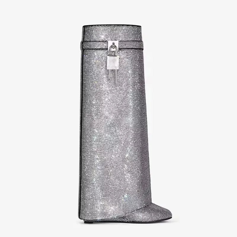 מגפי עקב גבוהים בעיצוב זרקונים מנצנצים ומנעול - Bailey