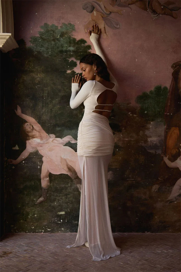 Open-back pleated mini dress with chiffon skirt - SARI