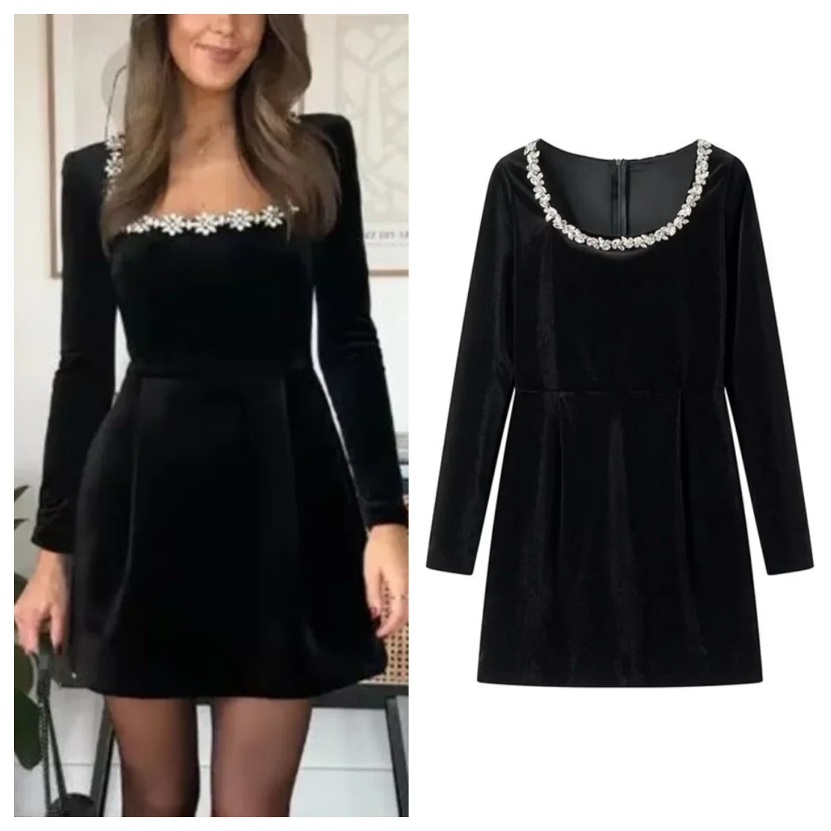 שמלת מיני קטיפה אלגנטית בעיטור יהלומים - אריאה