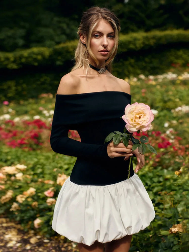 Monochrome off-shoulder balloon mini dress - Lis