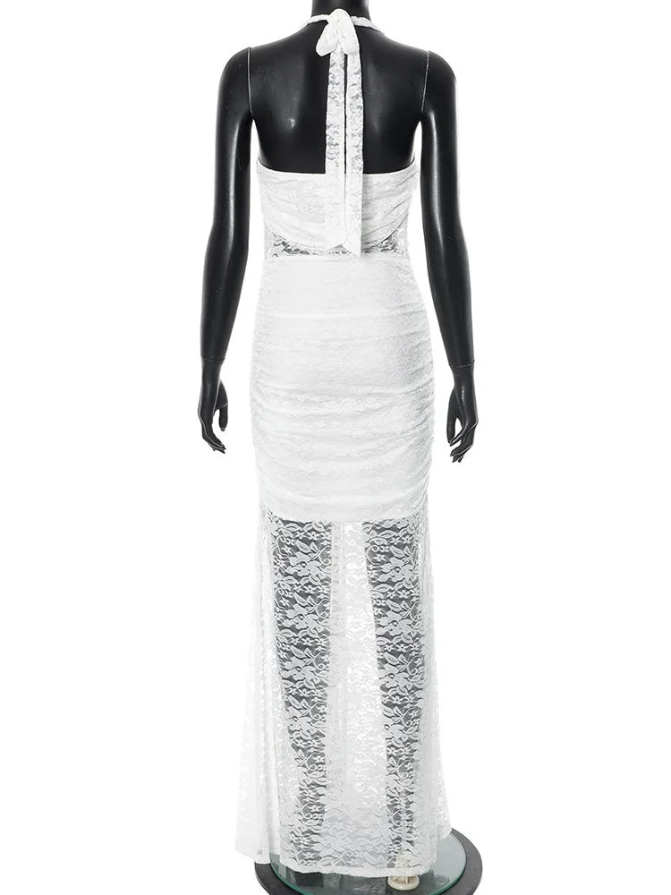 שמלת מקסי תחרה בעיצוב שסע בעיטור מלמלה - רוזלין