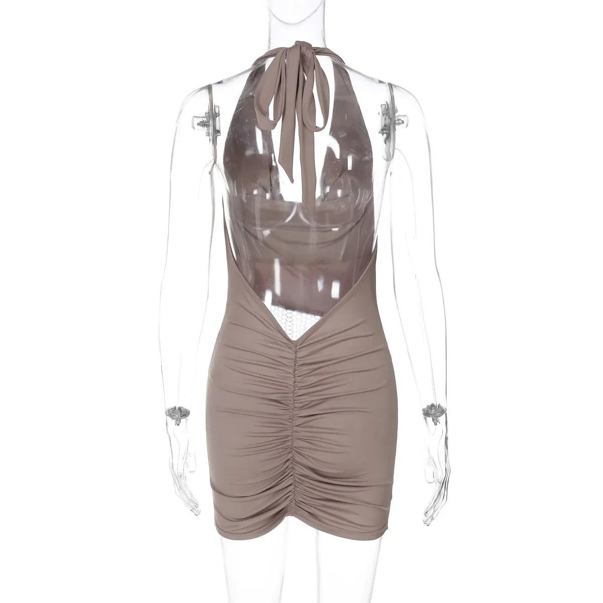 שמלת מיני צווארון נופל בעיצוב רשת זרקונים מנצנצים כיווצים בישבן קשירה בצוואר - Linda