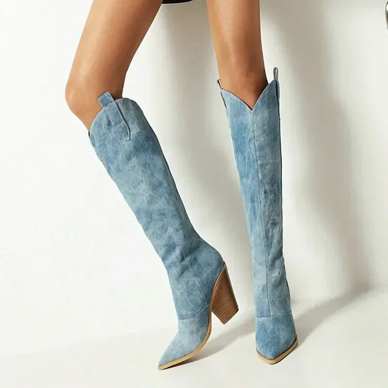 High denim pointed heel boots - Fern