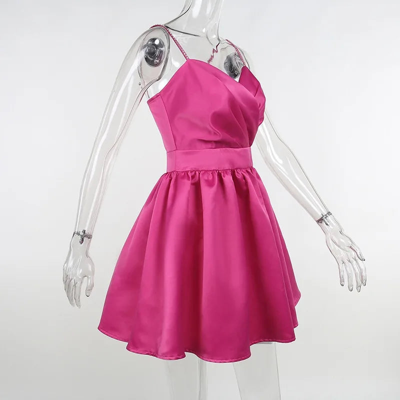 שמלת מיני סאטן בגזרת A כתפיות זרקונים - MIEL