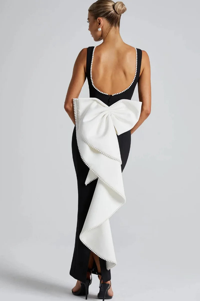 שמלת מקסי בעיצוב אלגנטי יוקרתי בעיטור פפיון ופנינים גב פתוח - קריסטין