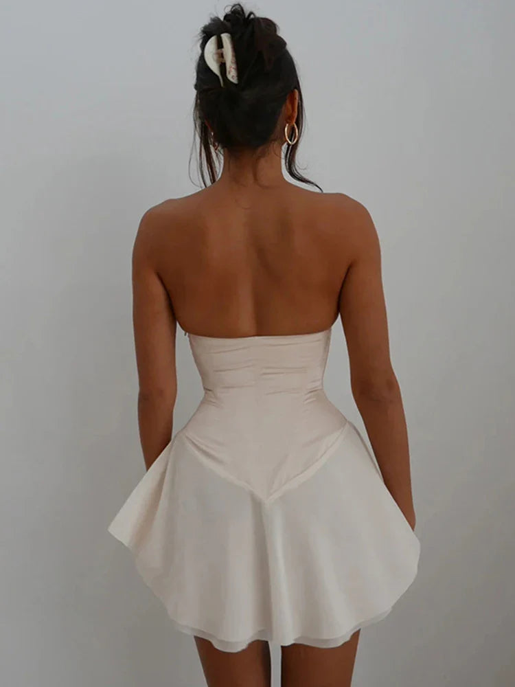 שמלת מיני סטרפלס סאטן קשירות - פרן