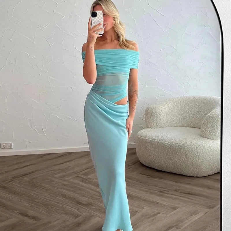 שמלת מקסי כיווצים בעיצוב רשת וכתפיים חשופות - קשת