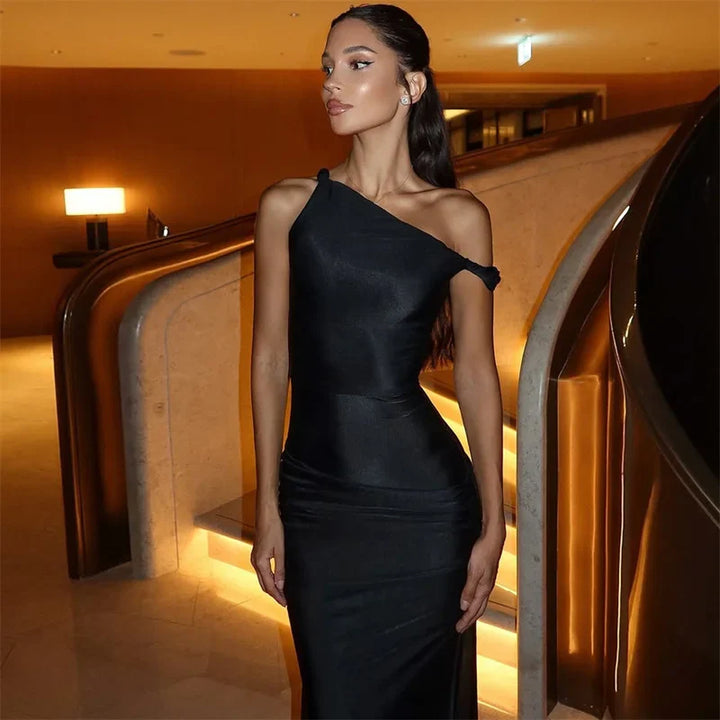 Shiny fabric maxi dress with bare shoulder - MORIN