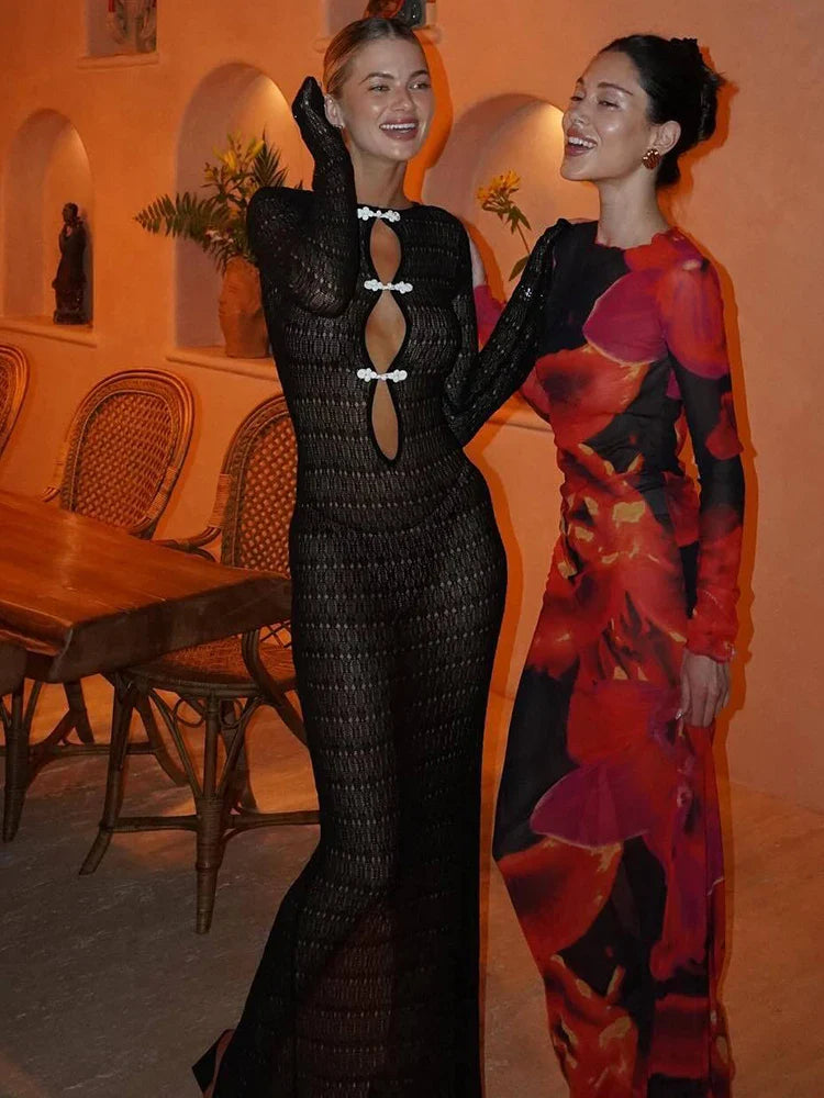 שמלת מקסי חוף סרוגה בעיטור סיכות בעיטור קשירה בגב פתוח - Mikayla