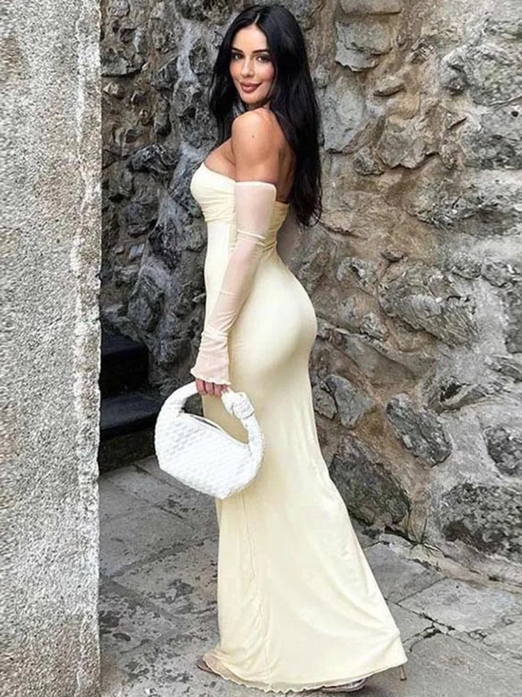 שמלת מקסי כתפיים חשופות שרוולי שיפון פעמון - YANA