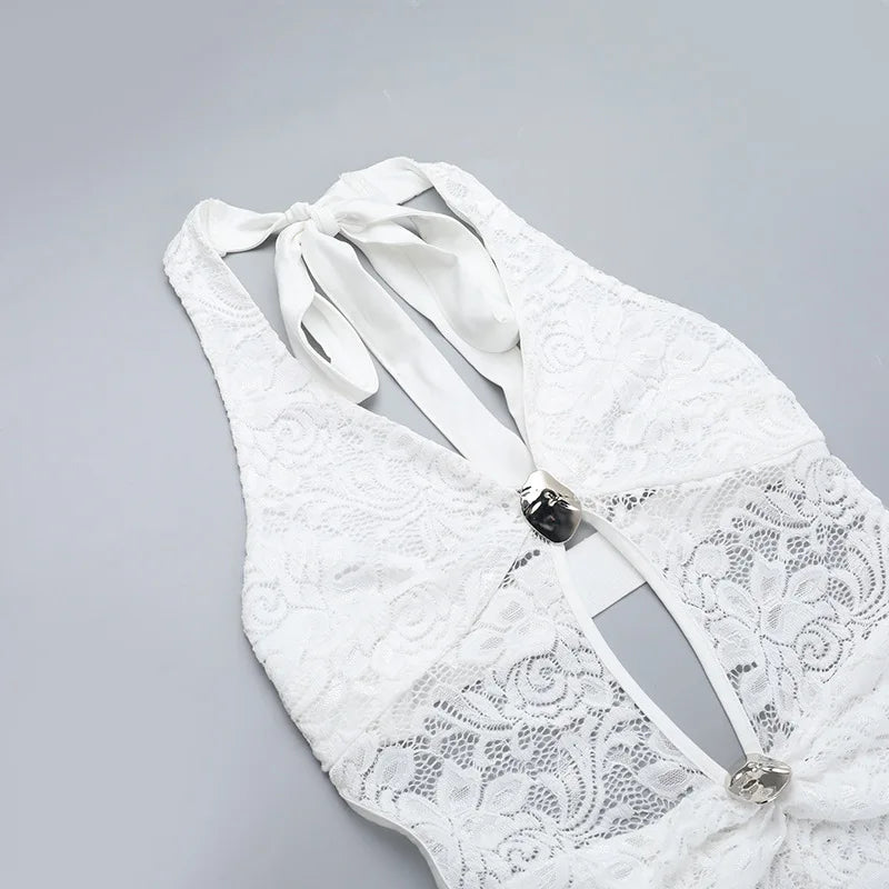 אוברול תחרה מכנסיים ארוכים בעיצוב גב פתוח בעיטור אבזמים - ברייטון