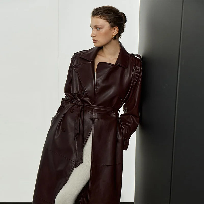 מעיל עור ארוך בעיצוב כפתורים וחגורת קשירה - LARA