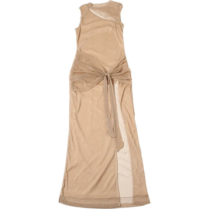 שמלת מקסי רשת נצנצים בעיצוב כיווצים וקשירה בעיטור שסע - August